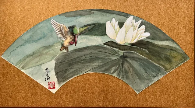 A hummingbird over a white lotus, painted on a fan leaf by Xiang Li