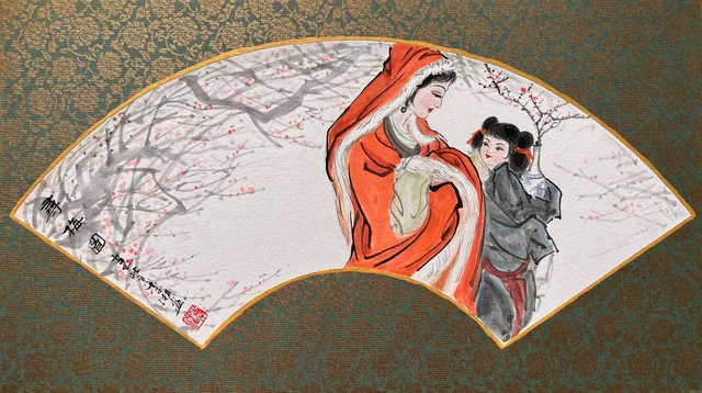 A woman in a red fur-trimmed cloak and a young girl carrying a vase of plum branches beneath flowering plum trees, painted on a fan leaf by Xiang Li