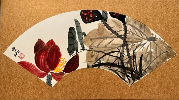 A red lotus with ink leaves and seed pods, painted on a fan leaf by Xiang Li