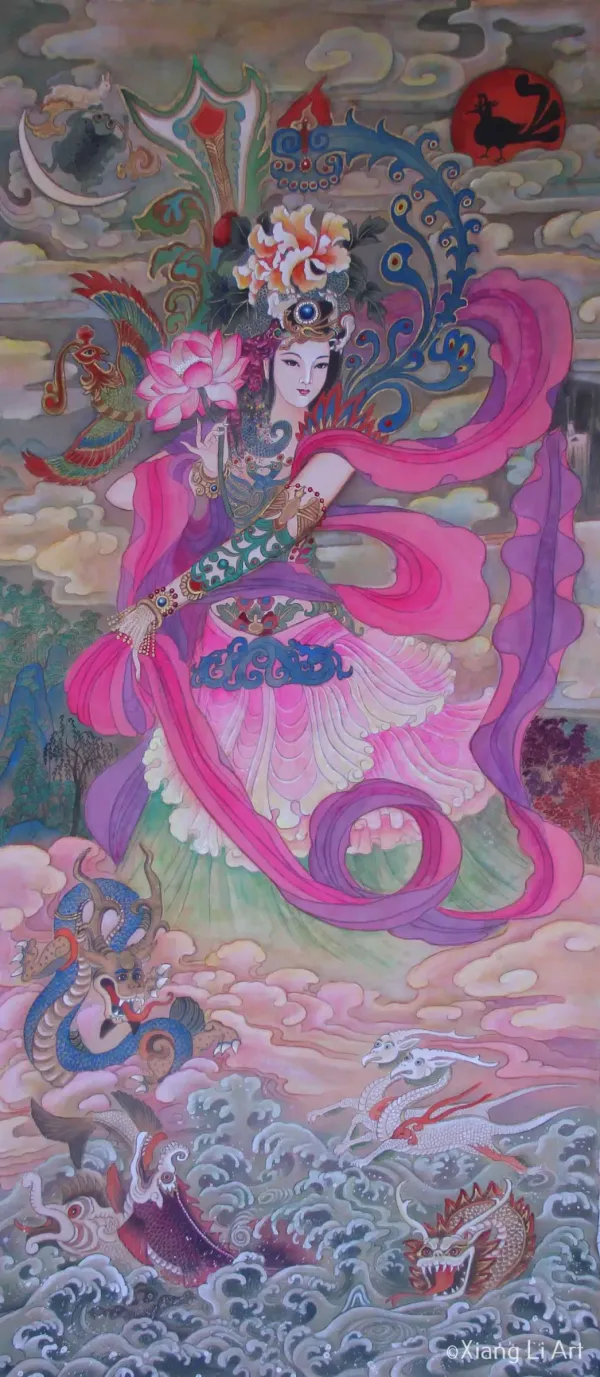 An empress in pink and violet robes above swirling waves, painted on silk by Xiang Li