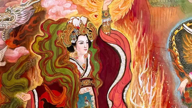 Detail of an empress in a jeweled crown among flames and clouds, painted on silk by Xiang Li
