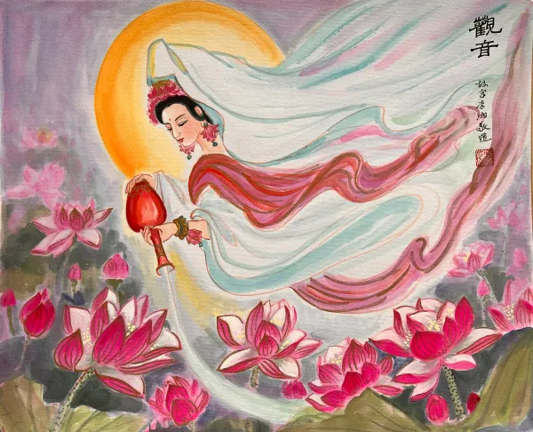 Guanyin in flowing white robes holding a red vase before a full moon, above pink lotuses, painted by Xiang Li