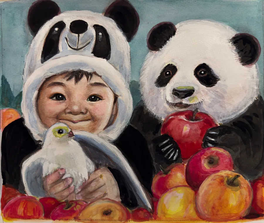 A smiling child in a panda hood holding a white bird beside a giant panda and a pile of red apples, painted by Xiang Li