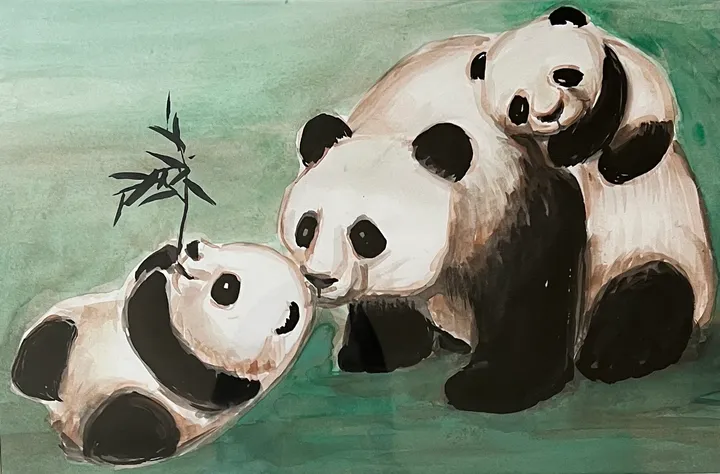 Three giant pandas painted in ink with a sprig of bamboo, by Xiang Li