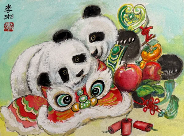 Pandas with a lion-dance head, firecrackers and fruit, painted by Xiang Li