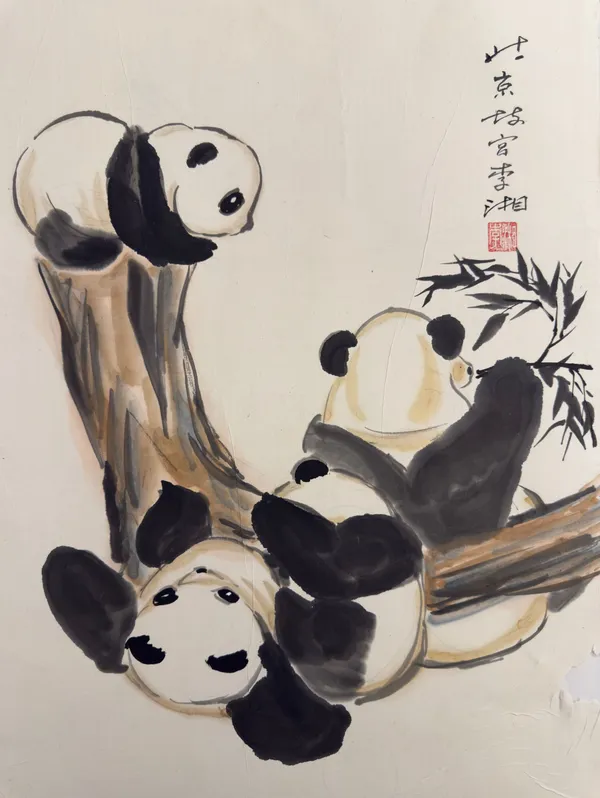 Giant pandas resting on a branch, painted by Xiang Li