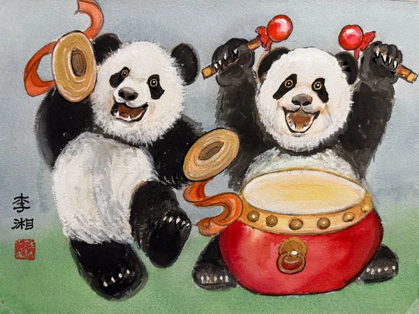 Two giant pandas with a red drum and cymbals, laughing, painted in watercolor by Xiang Li