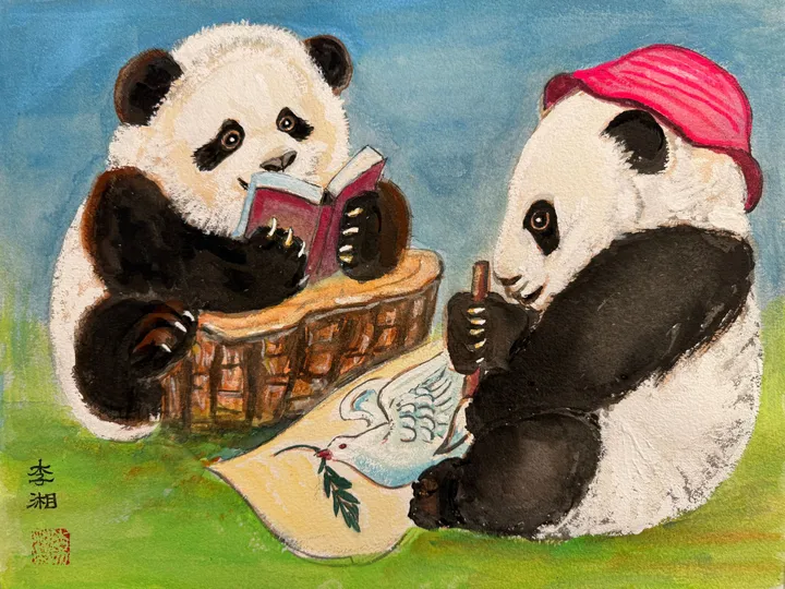 Two pandas sharing a book and a painting of a dove, by Xiang Li