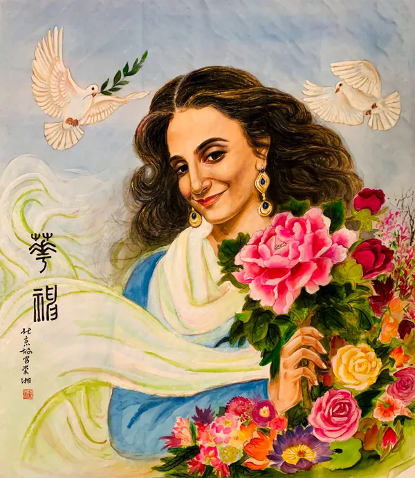 Tripti Gore Chandorkar smiling over an armful of pink peonies and roses, a white scarf streaming across the silk and two white doves overhead, one carrying an olive branch — Chinese watercolor on silk by Xiang Li