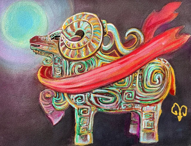 Goat — A ram cast as a bronze vessel — horns spiralled into a full curl, body worked in pale green and gold thunder-pattern scrolls — standing in near darkness, a soft moon at the upper left, a wide cinnabar sash flying across it like a ribbon of fire.