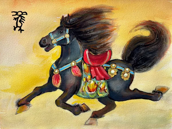 A black horse with a red saddle galloping across a gold ground, painted by Xiang Li