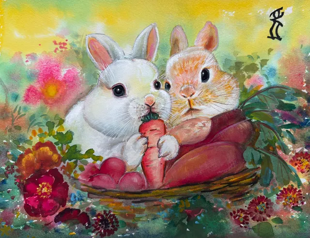 Two rabbits nestled in a basket of carrots among red and pink flowers, painted by Xiang Li