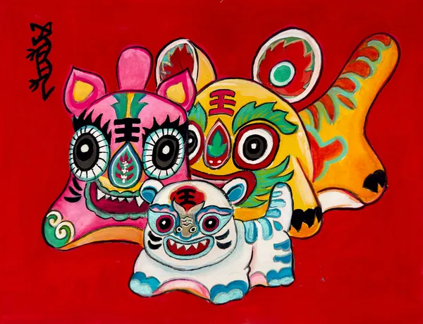 Three tigers in the style of Chinese folk toys, painted in pink, gold and white on a red ground by Xiang Li