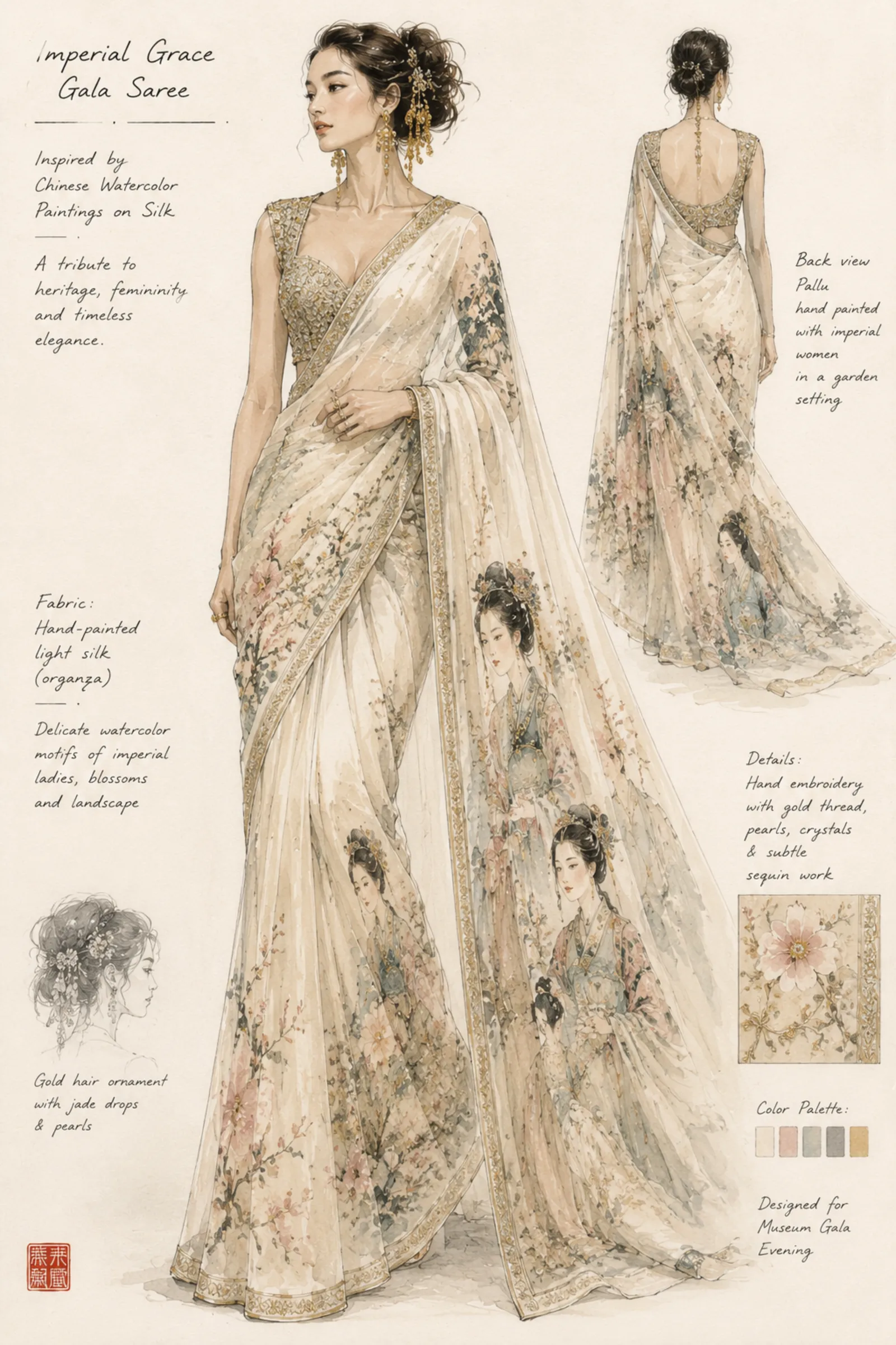 Chinese watercolor painting on a Gala outfit
