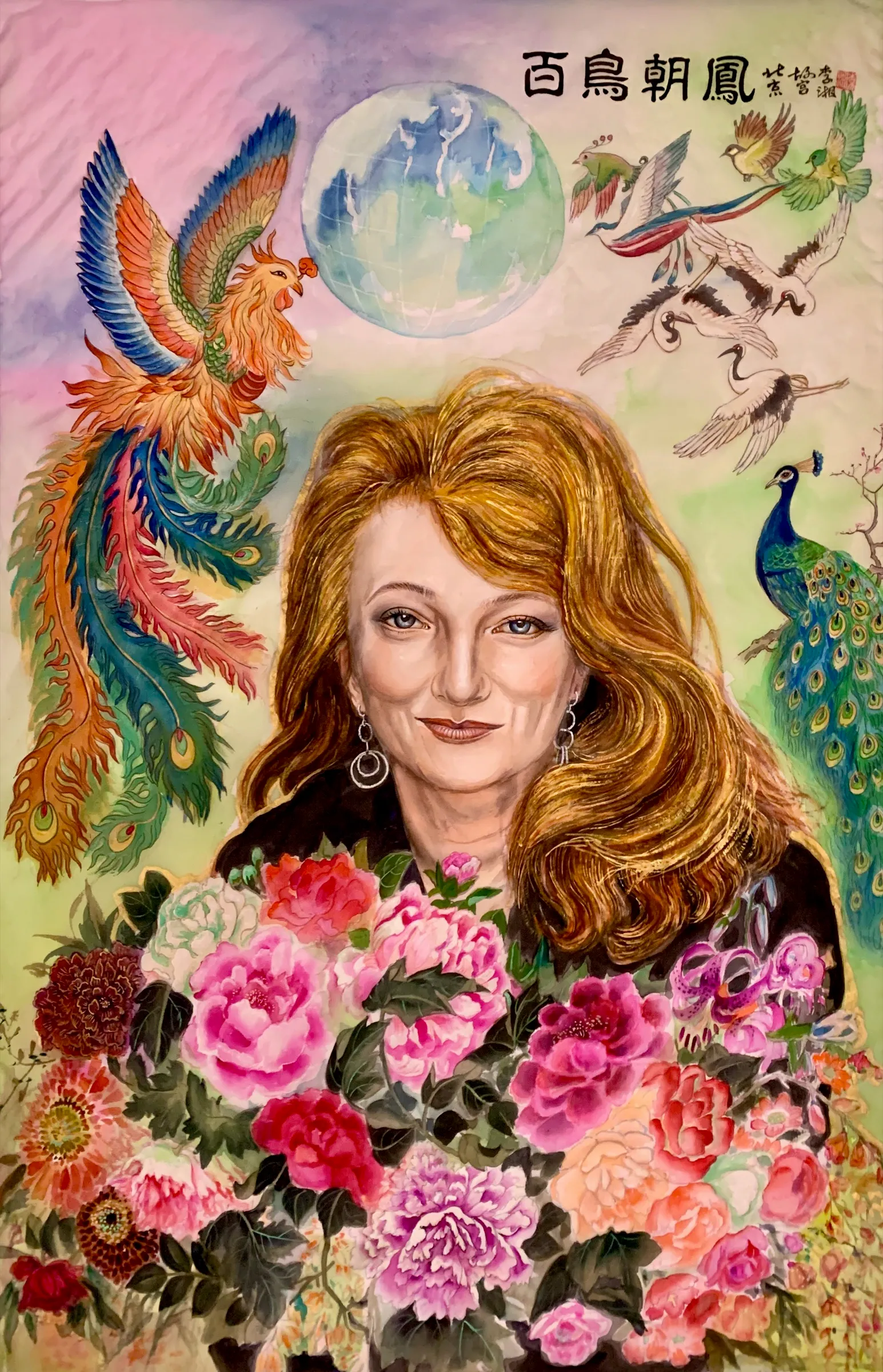 Krista Tippett among peonies, a phoenix and the earth above her, cranes and songbirds flying in — Chinese watercolor on silk by Xiang Li