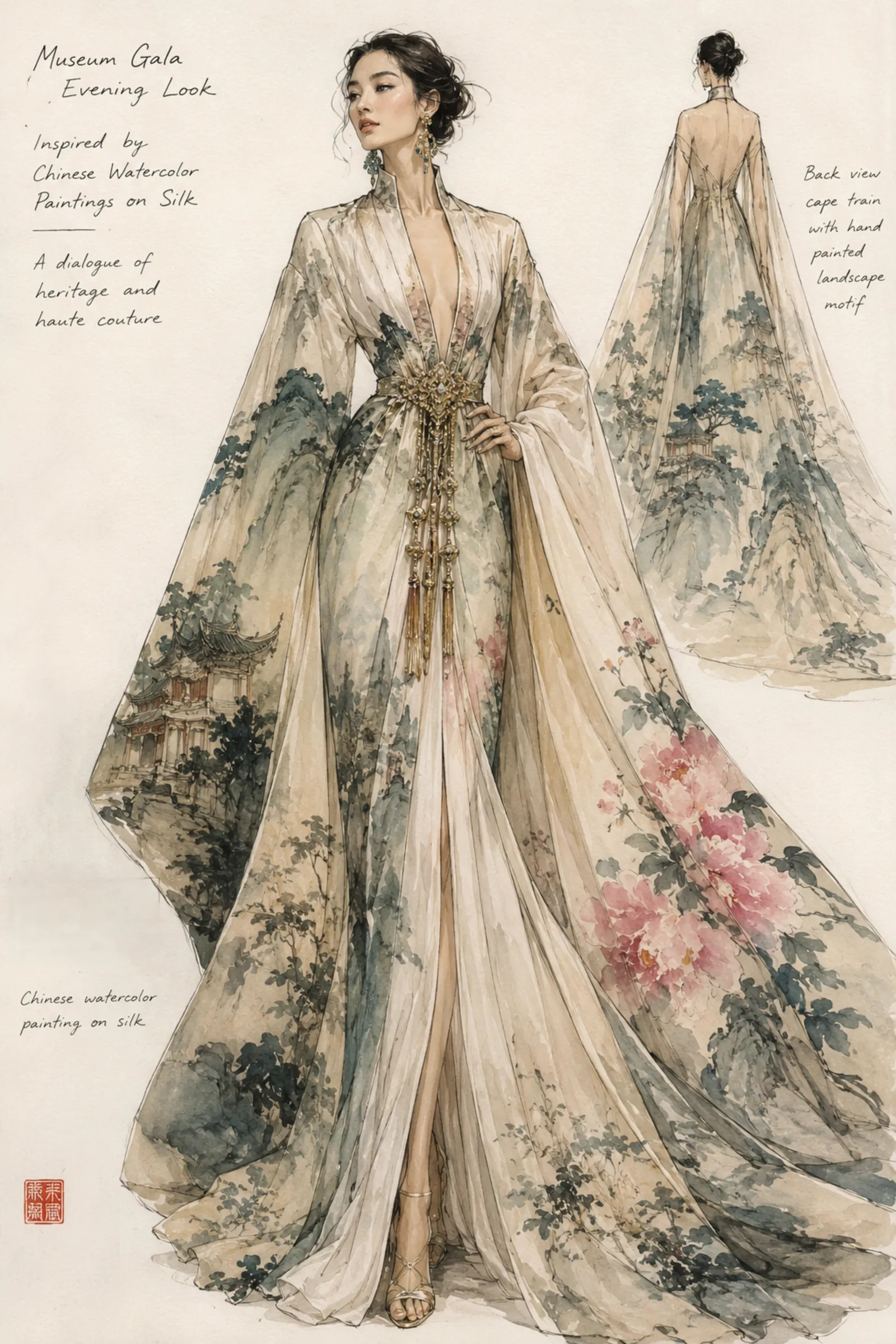 Chinese watercolor painting on a Gala outfit